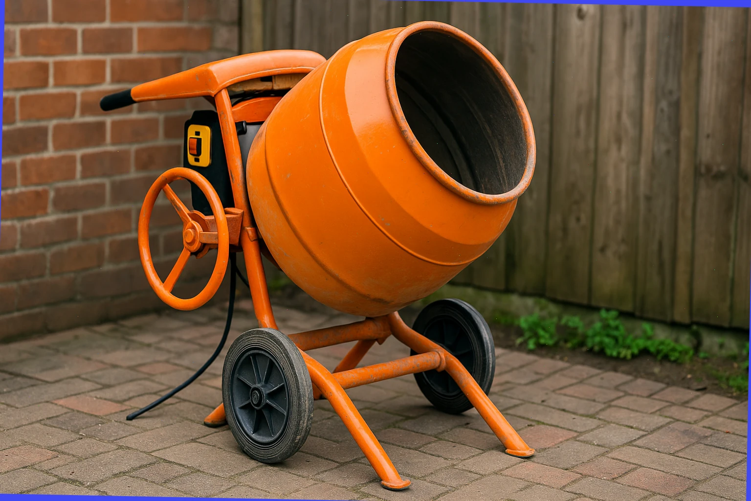 Compact cement mixer on stand with drum lock