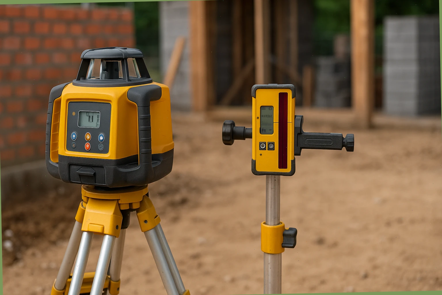 Rotary laser level with tripod and detector